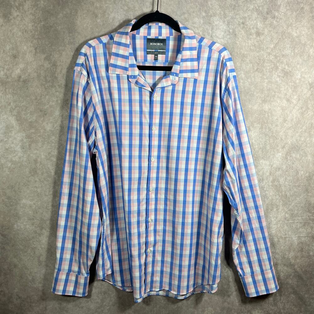 Bonobos Shirt Mens XXL Blue Pink Plaid Slim Fit Button Up Long Sleeves Preppy